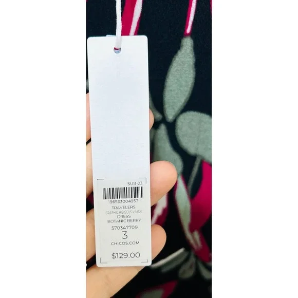 NWT Chicos Travelers Graphic Blossoms V Neck Midi Dress Botanic Berry Size 3 /XL - Picture 4 of 9